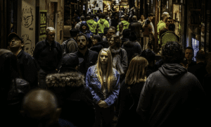 girl alone in a crowd