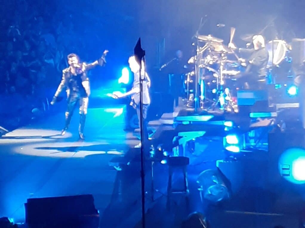 The band performing together.  