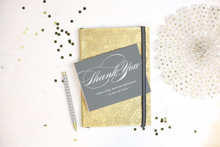 Gray and white invitation with gold notebook background.