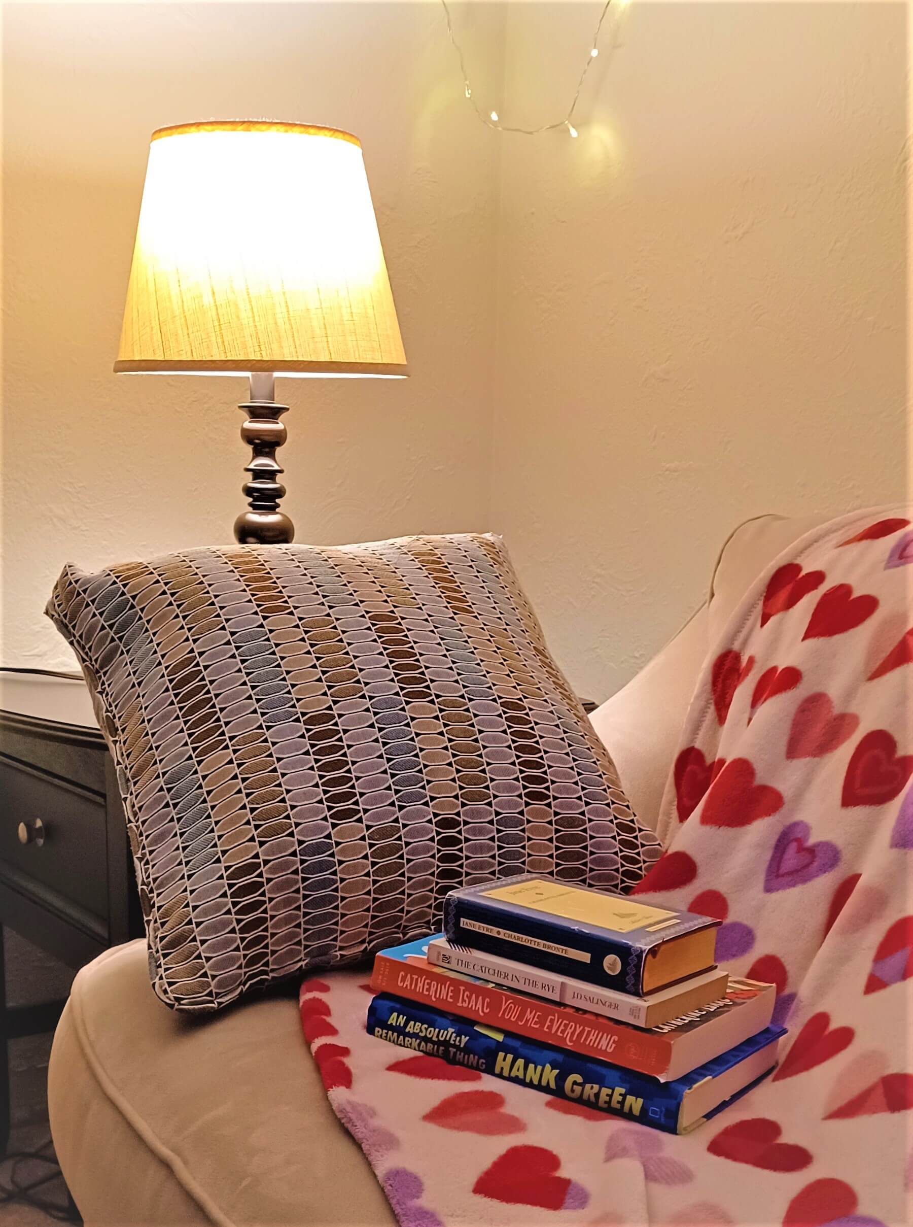 cozy reading vlog lamp blanket books